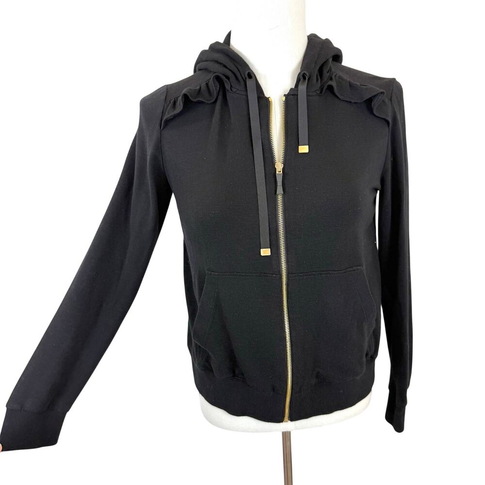 Kate Spade Ruffle Sweatshirt Full Zip Hoodie in Black Long Sleeve L